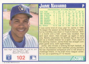 1991 Score #102 Jaime Navarro Back