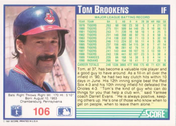 1991 Score #106 Tom Brookens Back
