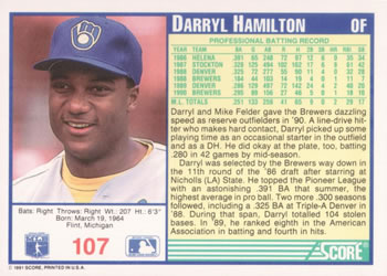 1991 Score #107 Darryl Hamilton Back