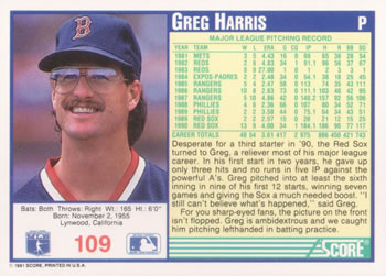 1991 Score #109 Greg Harris Back