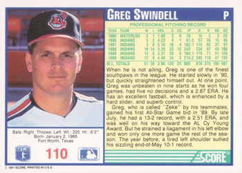 1991 Score #110 Greg Swindell Back