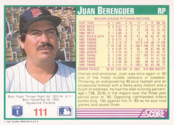 1991 Score #111 Juan Berenguer Back