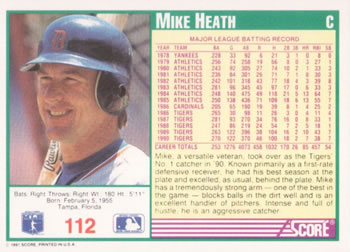 1991 Score #112 Mike Heath Back
