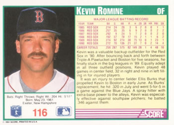 1991 Score #116 Kevin Romine Back