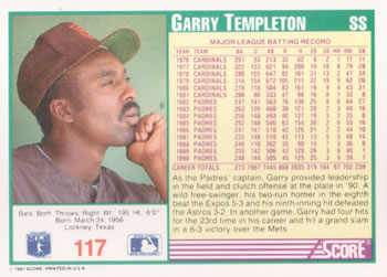 1991 Score #117 Garry Templeton Back