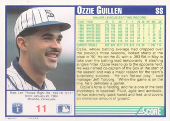 1991 Score #11 Ozzie Guillen Back