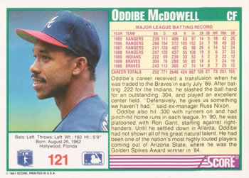 1991 Score #121 Oddibe McDowell Back