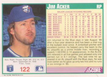 1991 Score #122 Jim Acker Back