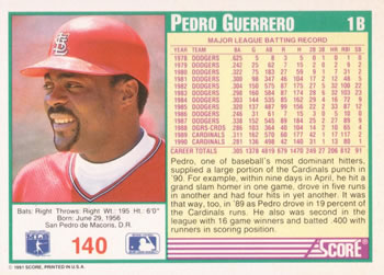 1991 Score #140 Pedro Guerrero Back