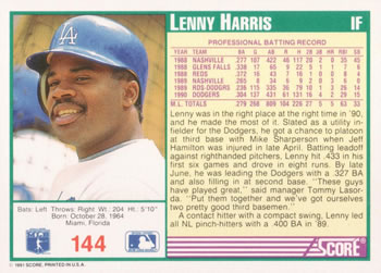 1991 Score #144 Lenny Harris Back