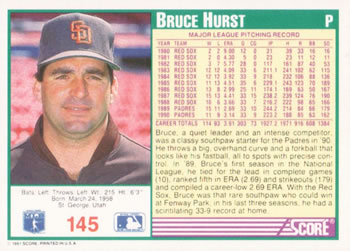 1991 Score #145 Bruce Hurst Back