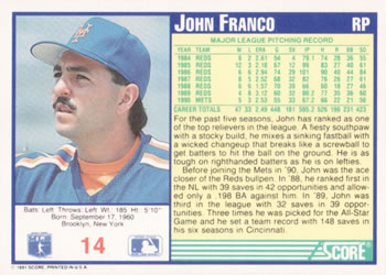 1991 Score #14 John Franco Back