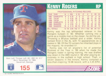 1991 Score #155 Kenny Rogers Back