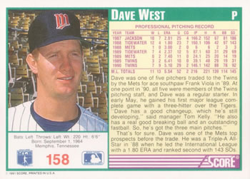 1991 Score #158 Dave West Back