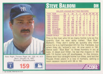1991 Score #159 Steve Balboni Back