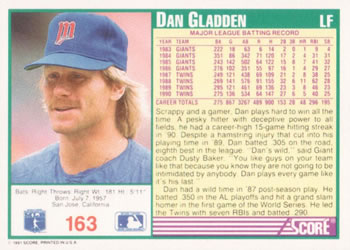 1991 Score #163 Dan Gladden Back