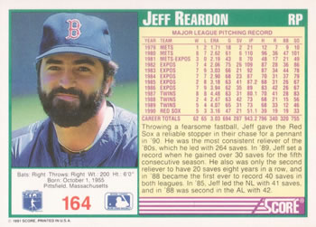 1991 Score #164 Jeff Reardon Back