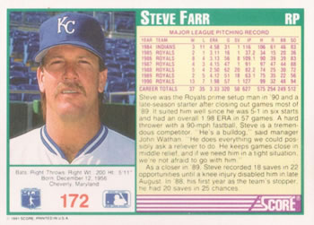1991 Score #172 Steve Farr Back