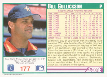 1991 Score #177 Bill Gullickson Back