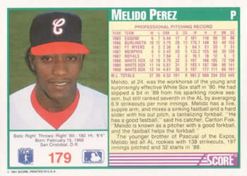 1991 Score #179 Melido Perez Back