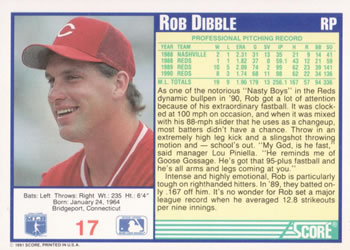 1991 Score #17 Rob Dibble Back