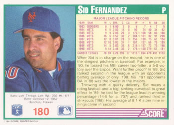 1991 Score #180 Sid Fernandez Back
