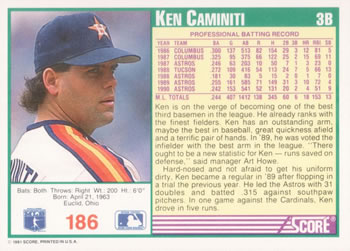 1991 Score #186 Ken Caminiti Back