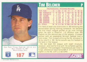 1991 Score #187 Tim Belcher Back