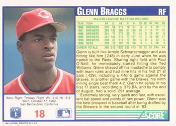 1991 Score #18 Glenn Braggs Back