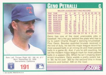1991 Score #191 Geno Petralli Back