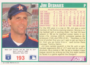 1991 Score #193 Jim Deshaies Back