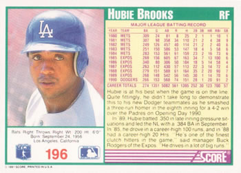 1991 Score #196 Hubie Brooks Back