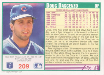 1991 Score #209 Doug Dascenzo Back