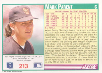 1991 Score #213 Mark Parent Back
