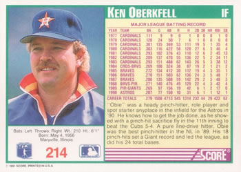1991 Score #214 Ken Oberkfell Back