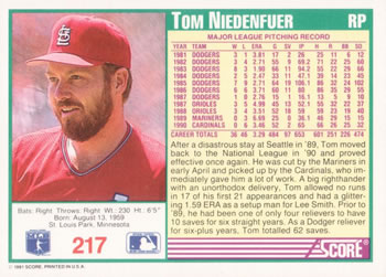 1991 Score #217 Tom Niedenfuer Back