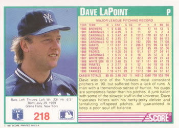 1991 Score #218 Dave LaPoint Back