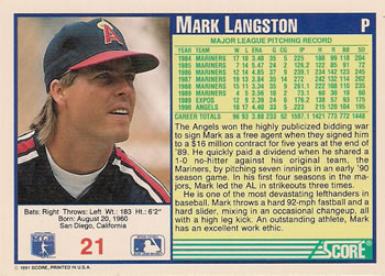 1991 Score #21 Mark Langston Back