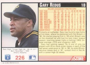 1991 Score #226 Gary Redus Back
