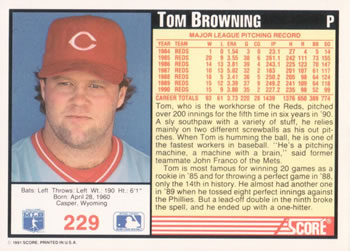1991 Score #229 Tom Browning Back