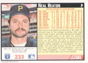 1991 Score #233 Neal Heaton Back