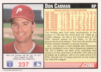 1991 Score #237 Don Carman Back