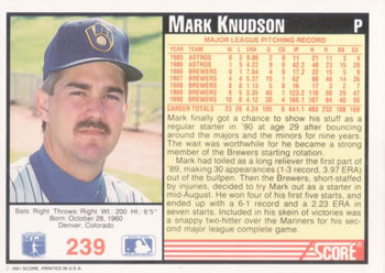 1991 Score #239 Mark Knudson Back
