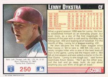 1991 Score #250 Lenny Dykstra Back