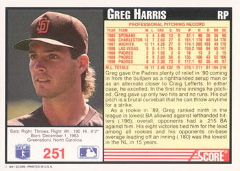 1991 Score #251 Greg Harris Back