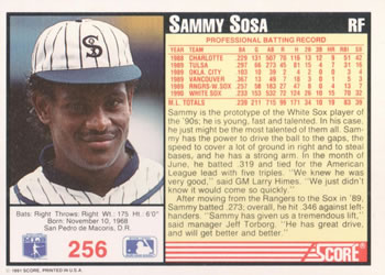 1991 Score #256 Sammy Sosa Back