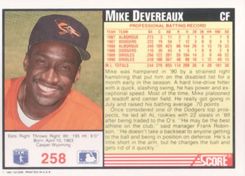 1991 Score #258 Mike Devereaux Back