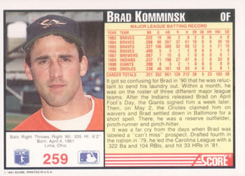 1991 Score #259 Brad Komminsk Back