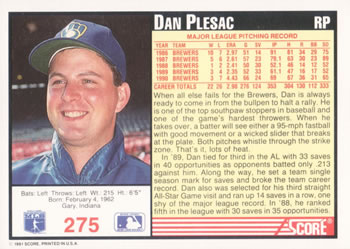 1991 Score #275 Dan Plesac Back