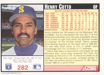 1991 Score #282 Henry Cotto Back